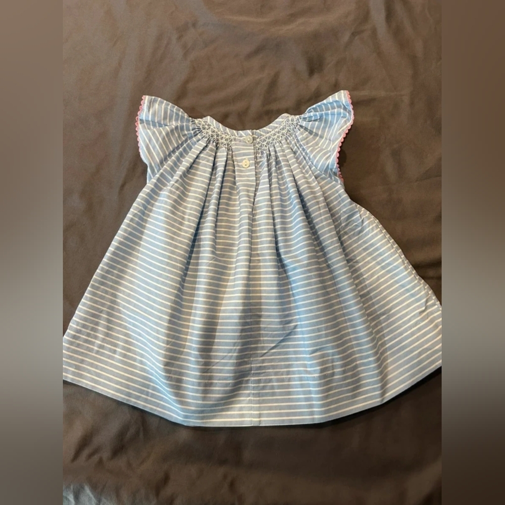Blue & White Striped Smocked Baby Dress with Pink Trim - Picture 3 of 3